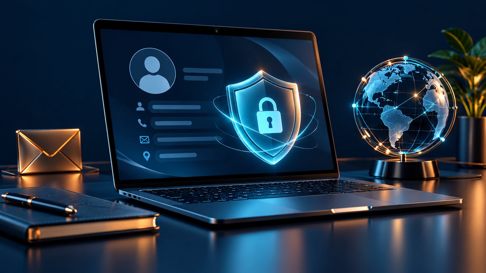 Laptop with private contact profile, shield, envelope and connected globe