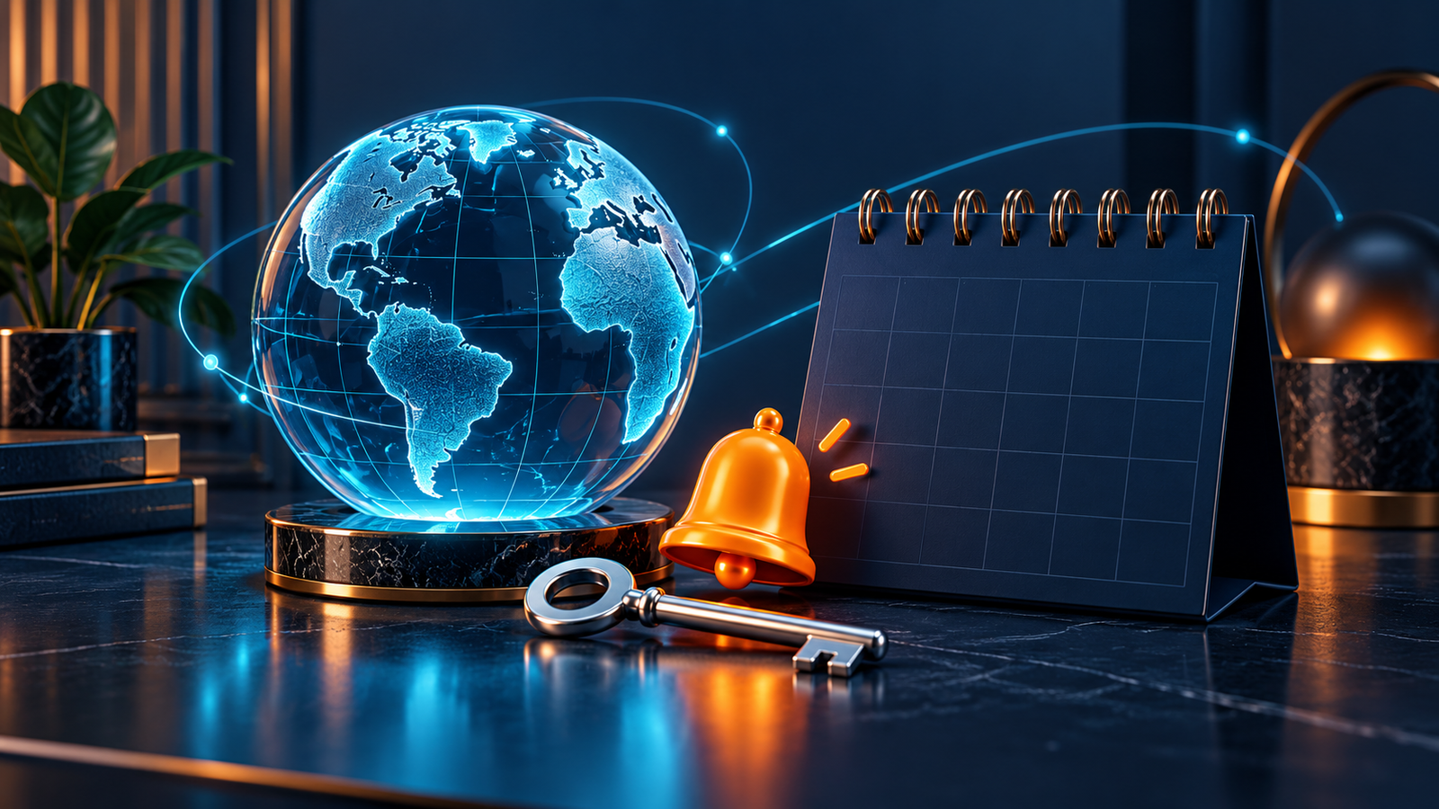 Domain renewal planning with a globe, calendar, reminder bell and key