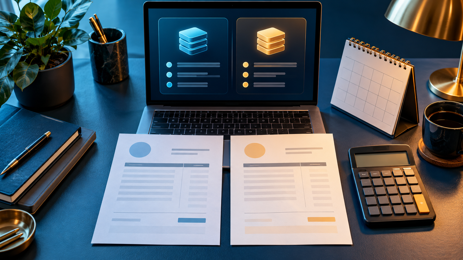 Hosting plan comparison, renewal calendar and invoice illustration