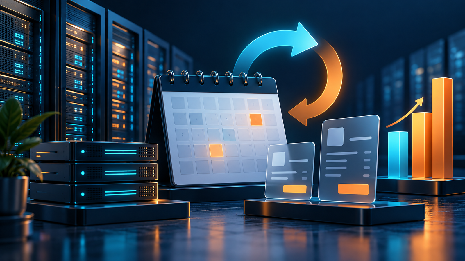 Illustration of hosting servers, a renewal calendar and increasing recurring costs