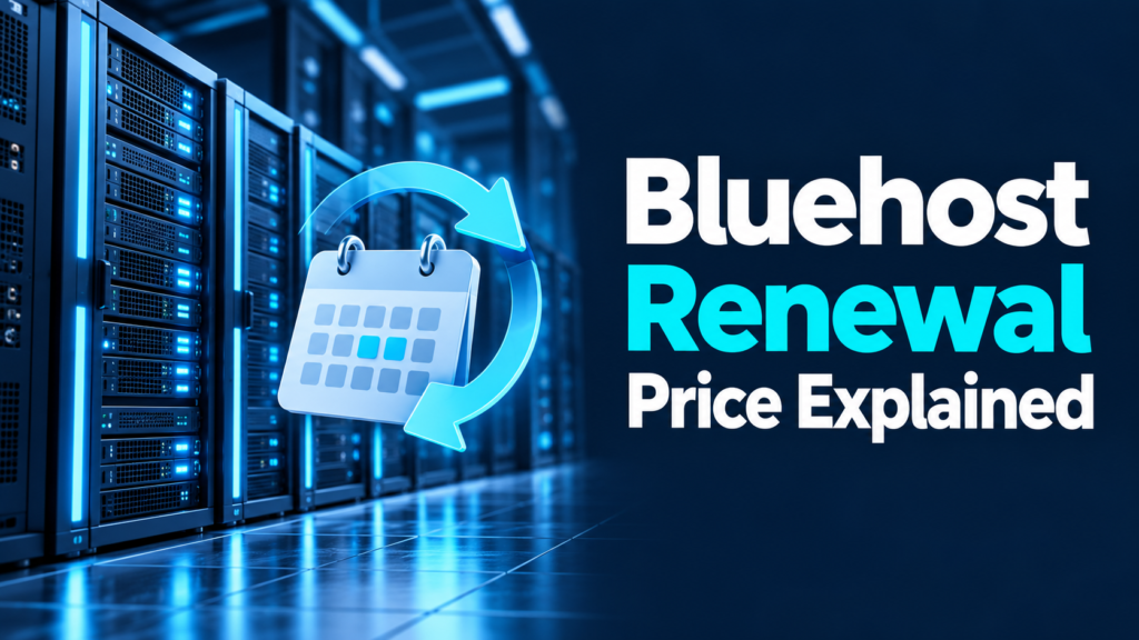 Bluehost renewal price explained, with server racks and billing calendar