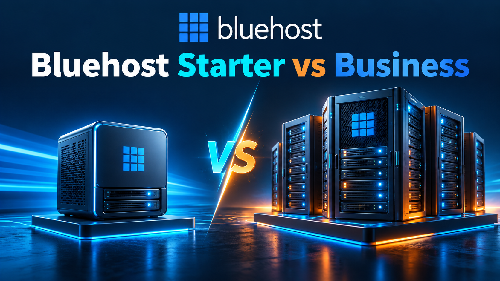 Bluehost Starter vs Business comparison with Bluehost logo and illustrated hosting servers