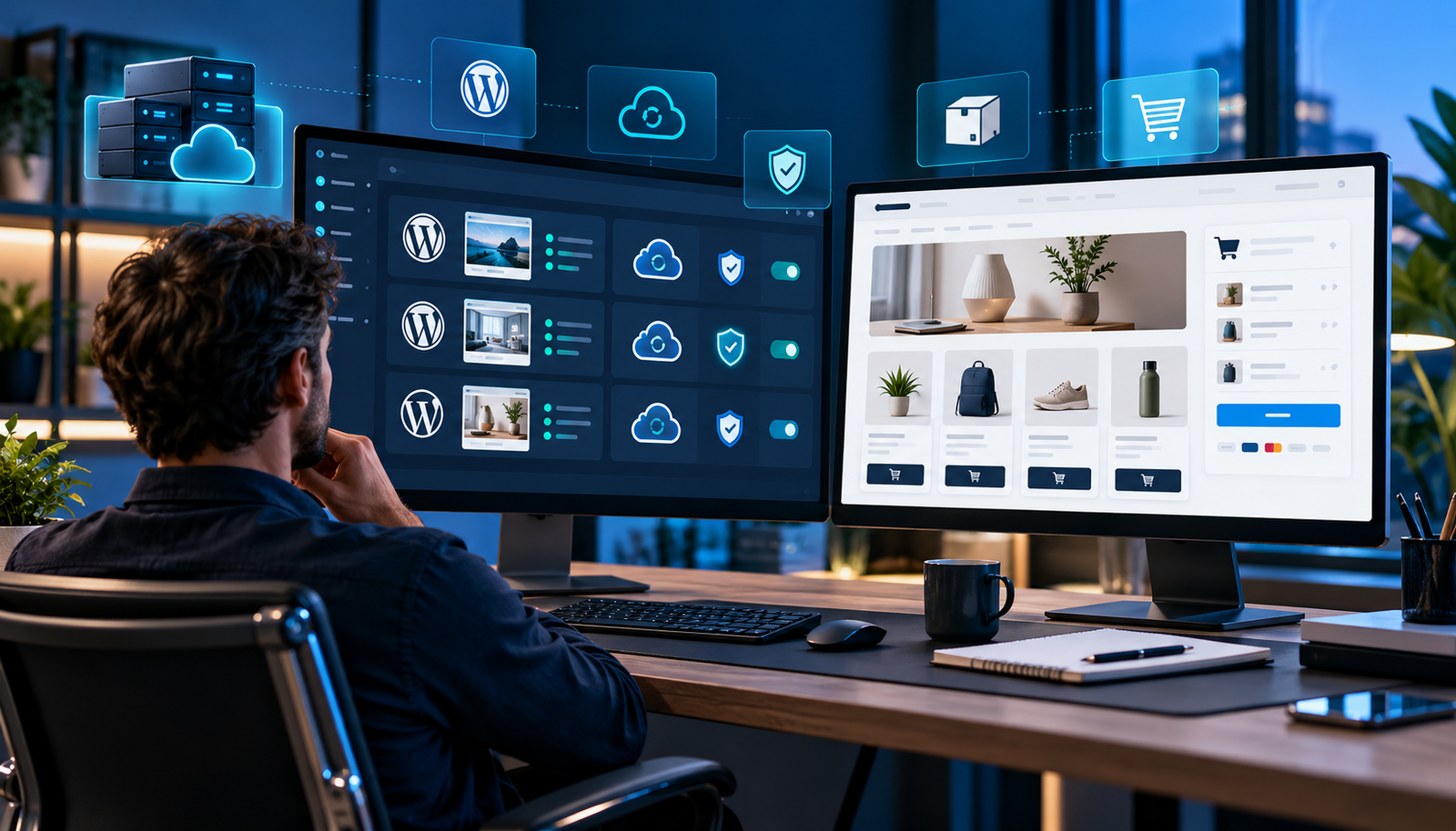 Small business owner comparing a multi-site hosting dashboard with an online shop dashboard