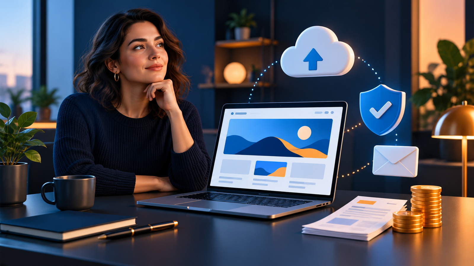 Website add-on planning illustration with laptop, backup cloud, shield and email envelope
