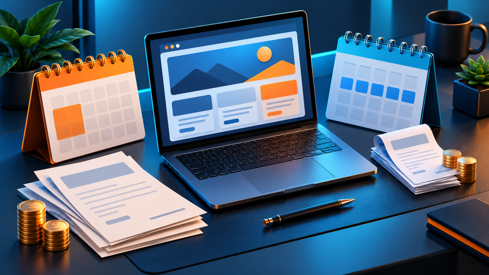 Hosting budget illustration with laptop, calendars, invoices and coins