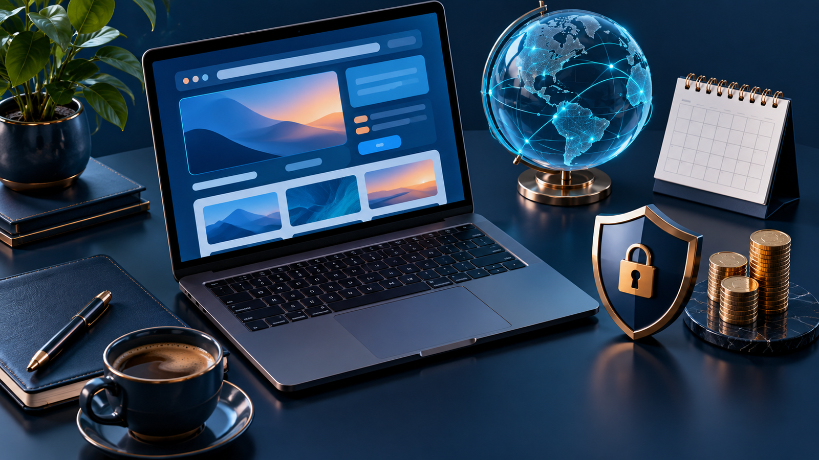 Domain renewal budgeting workspace with laptop, globe, calendar and privacy shield