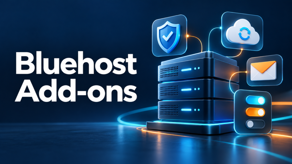 Bluehost Add-ons featured artwork with hosting servers, backup cloud, shield and email
