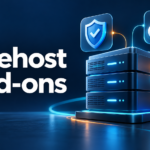 Bluehost Add-ons featured artwork with hosting servers, backup cloud, shield and email