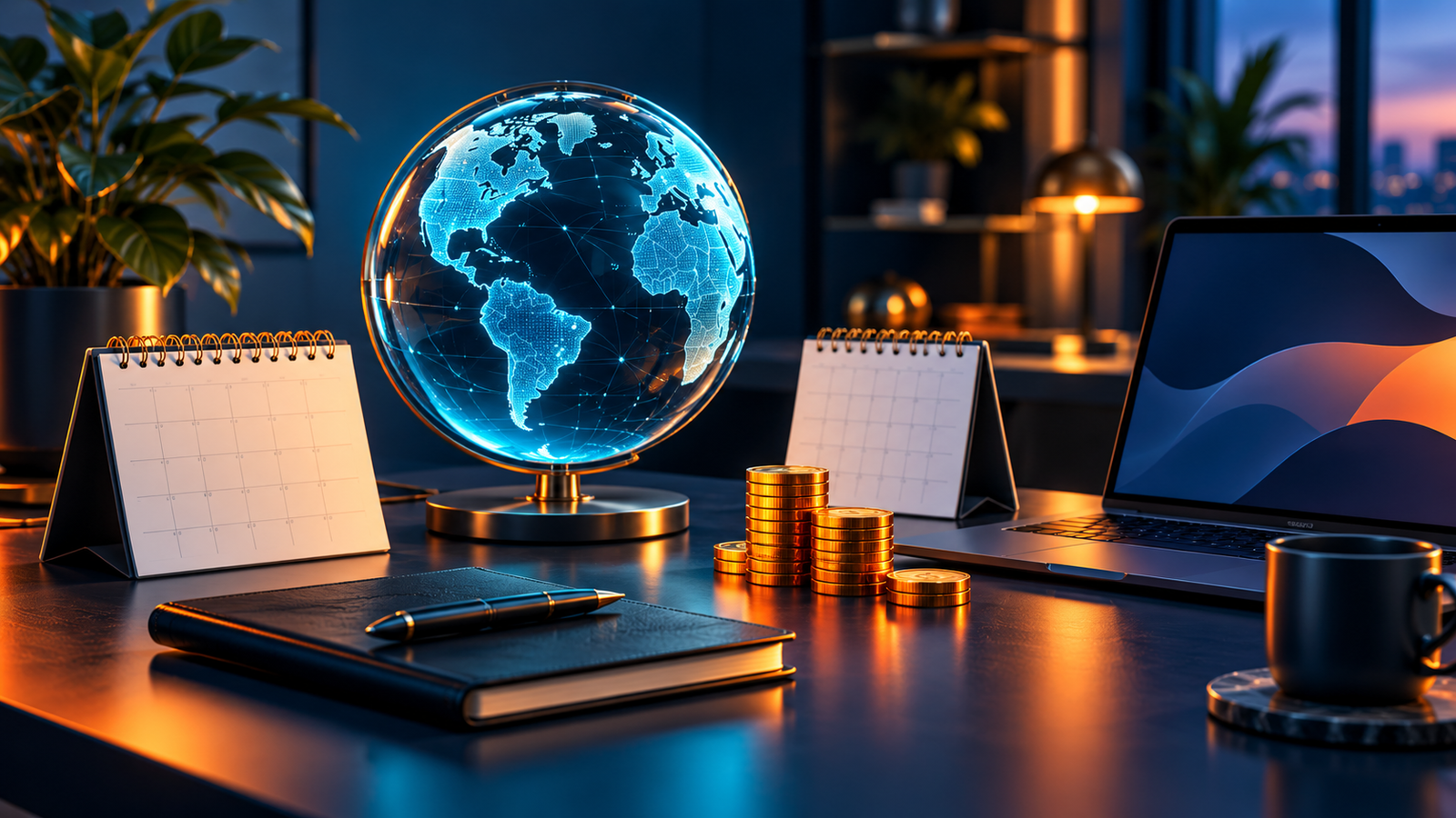 Domain budgeting illustration with a globe, calendars and orange coins
