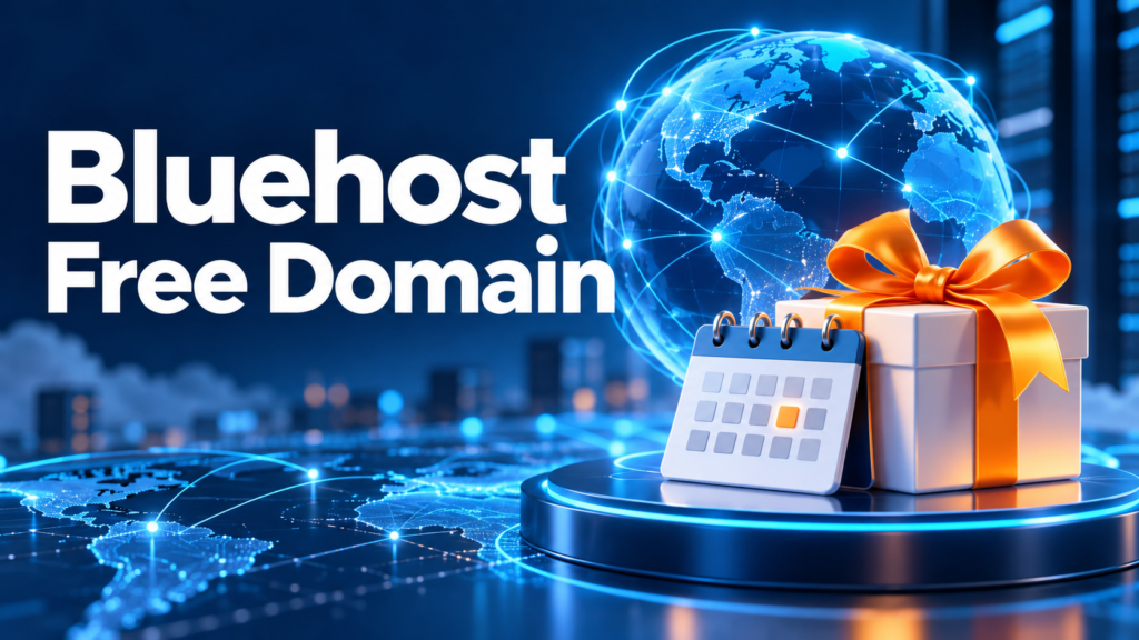 Bluehost Free Domain featured artwork with a globe, gift and calendar
