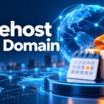 Bluehost Free Domain featured artwork with a globe, gift and calendar
