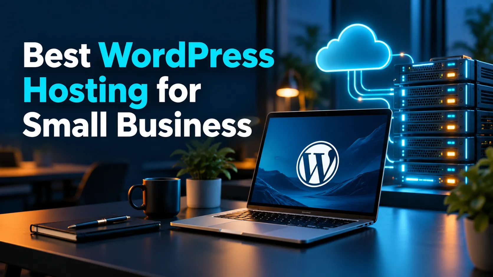 Best WordPress hosting for small business with laptop, cloud and server illustration