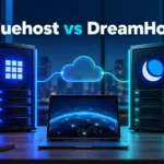 Bluehost vs DreamHost feature image with two server towers and cloud connection