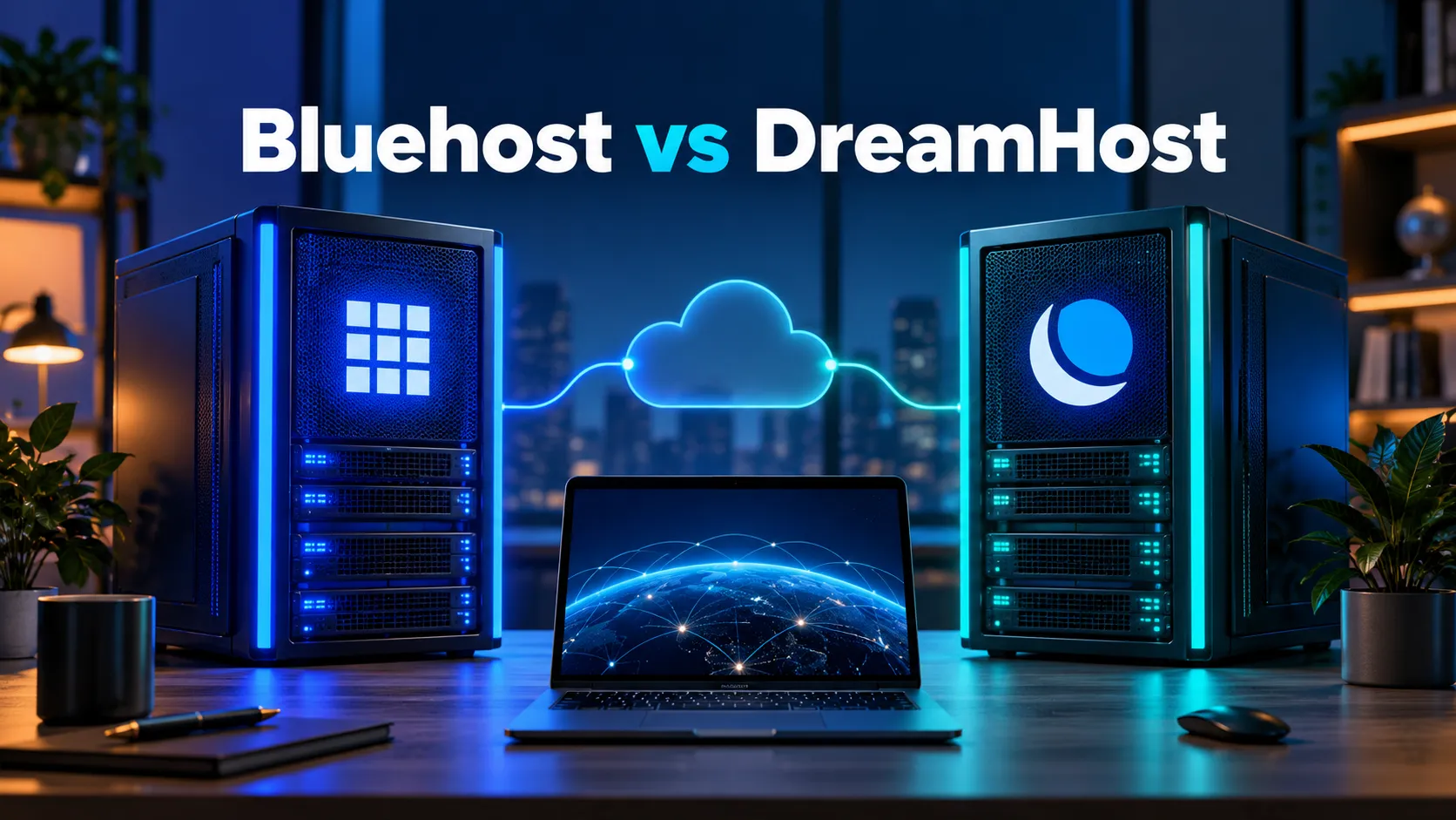 Bluehost vs DreamHost feature image with two server towers and cloud connection