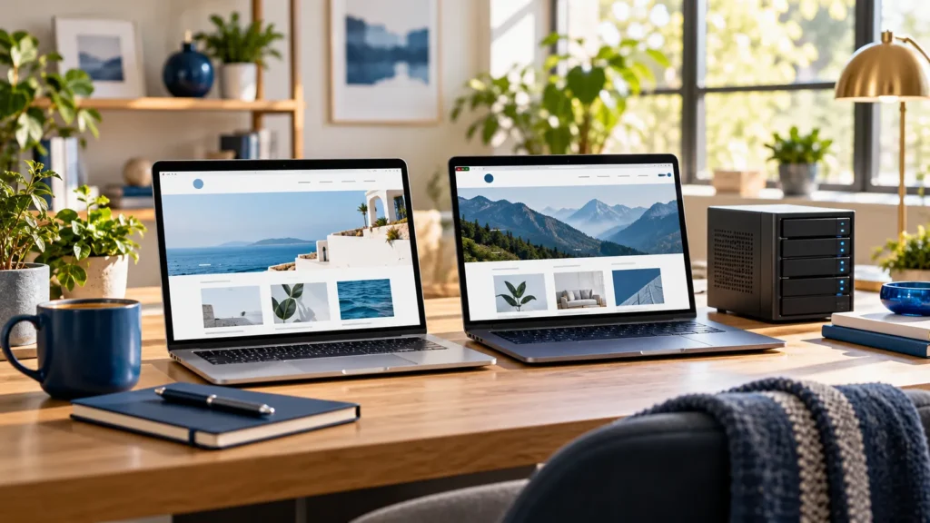 Two laptops displaying website layouts beside a compact server in a bright workspace