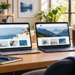 Two laptops displaying website layouts beside a compact server in a bright workspace