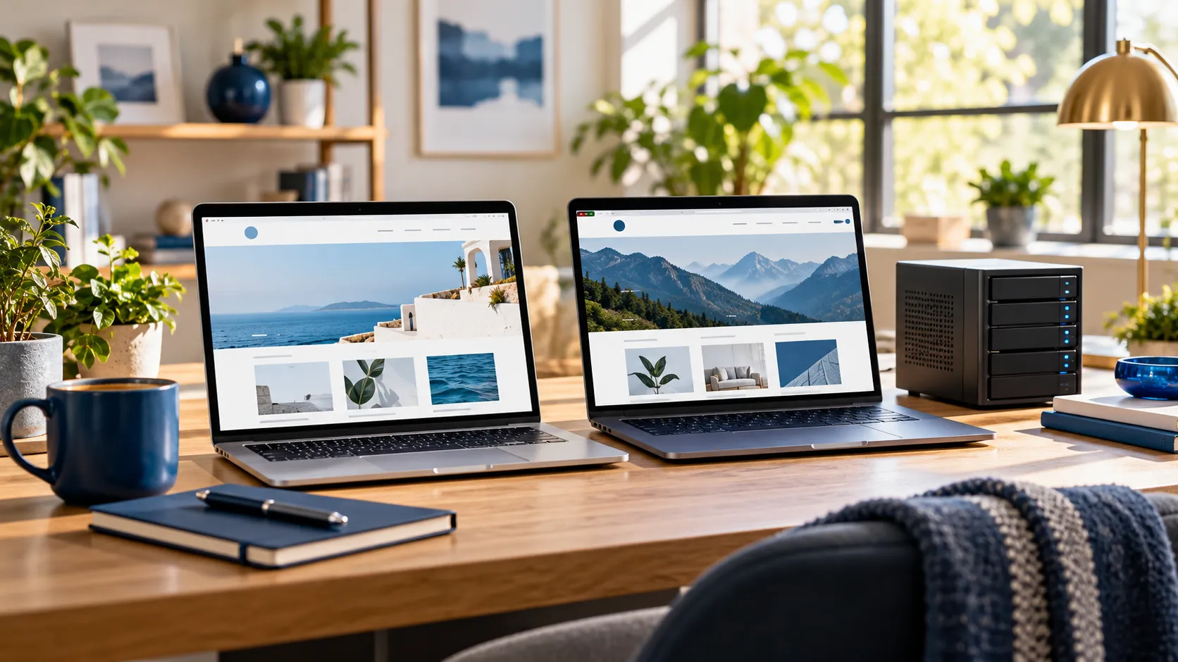 Two laptops displaying website layouts beside a compact server in a bright workspace