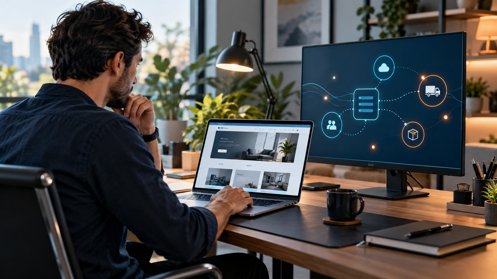 Website owner checking a laptop and network delivery workflow