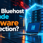 Does Bluehost include malware protection? Server and laptop behind an illustrated security shield