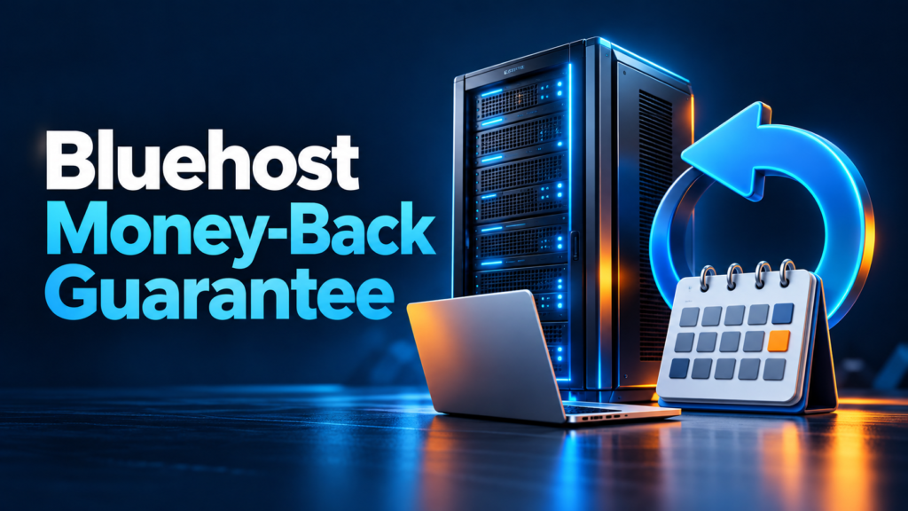 Bluehost Money-Back Guarantee with server, laptop and return arrow