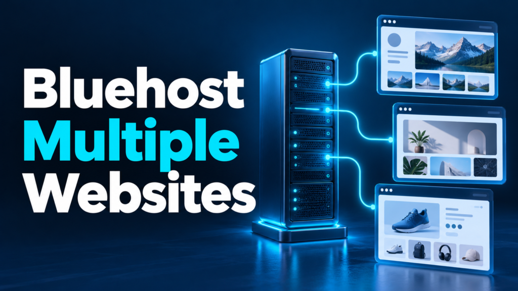 Bluehost multiple websites illustrated with a server connected to separate blog, portfolio and store panels