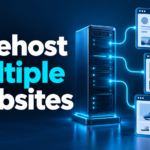 Bluehost multiple websites illustrated with a server connected to separate blog, portfolio and store panels
