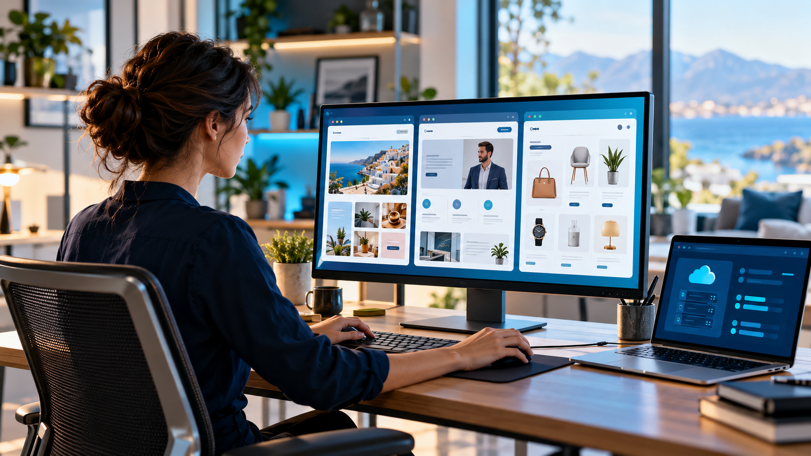 Website owner managing separate blog, portfolio and store projects from a modern desk