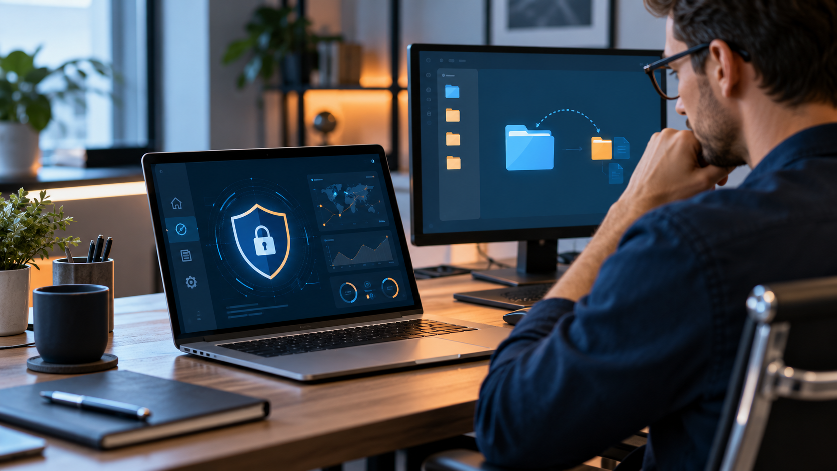 Website owner reviewing a security dashboard and backup workflow