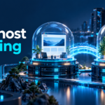 Bluehost Staging title beside two protected website workspaces linked by light