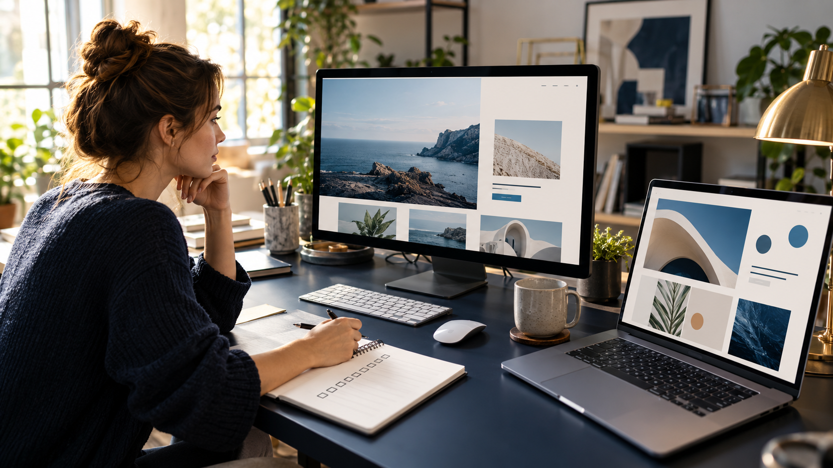 Website designer comparing a test website on a monitor and laptop before launch