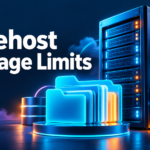 Bluehost Storage Limits title beside a glowing server, archive folders and storage disks