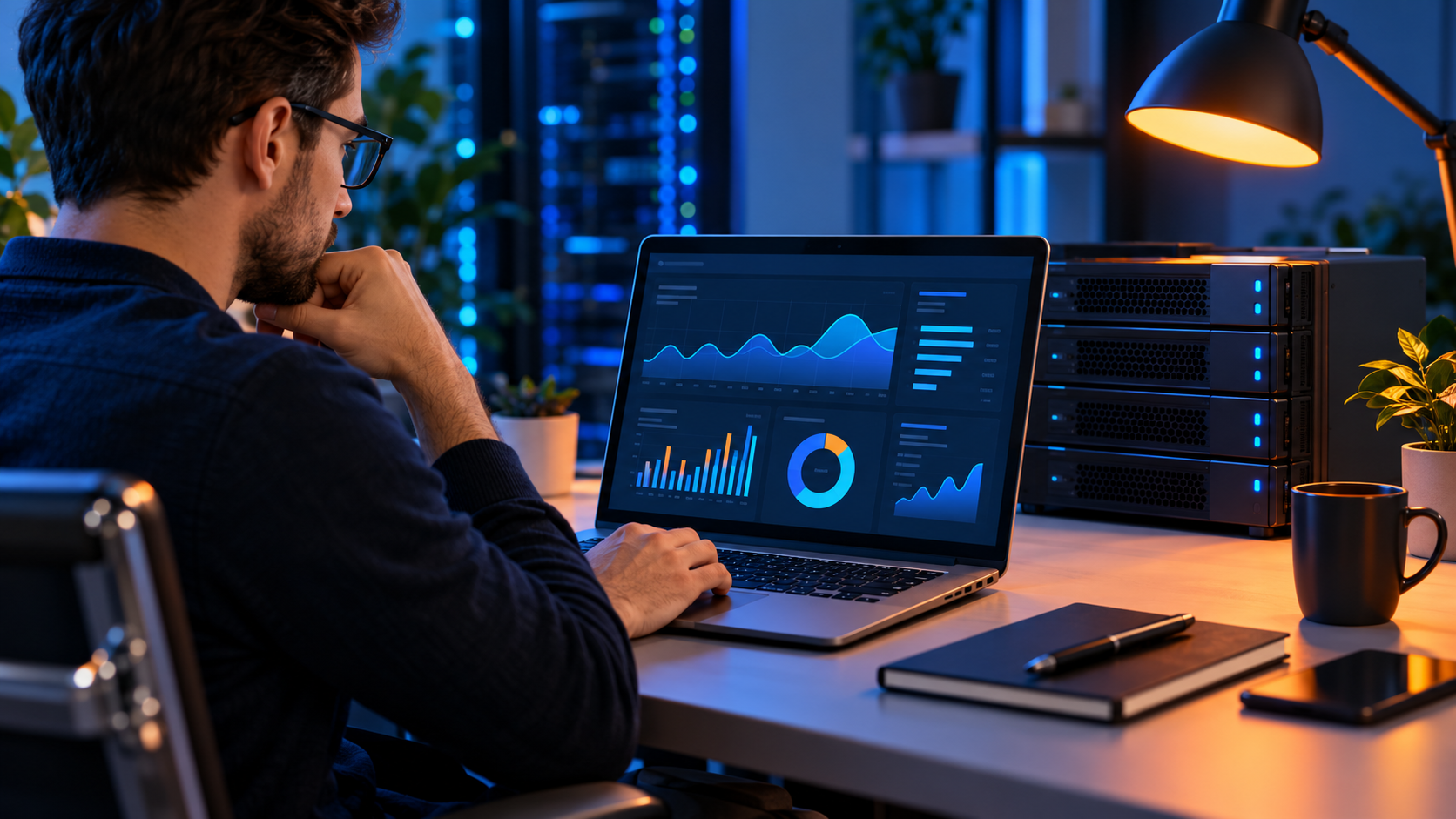 Website owner reviewing hosting performance on a laptop beside server equipment