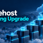 Bluehost Hosting Upgrade title with ascending server platforms and a glowing cloud