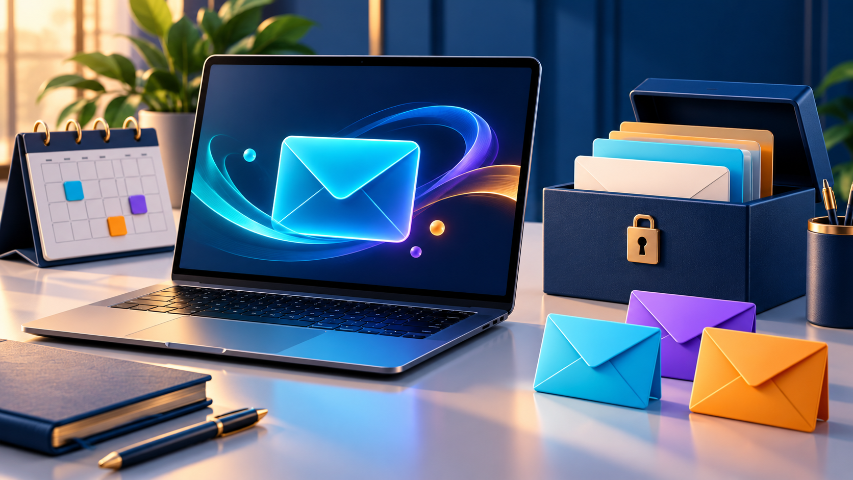 Concept illustration of a professional email inbox, calendar and protected message archive