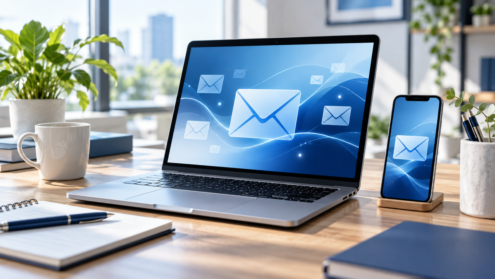 Professional desk with laptop inbox symbols and smartphone representing business email setup