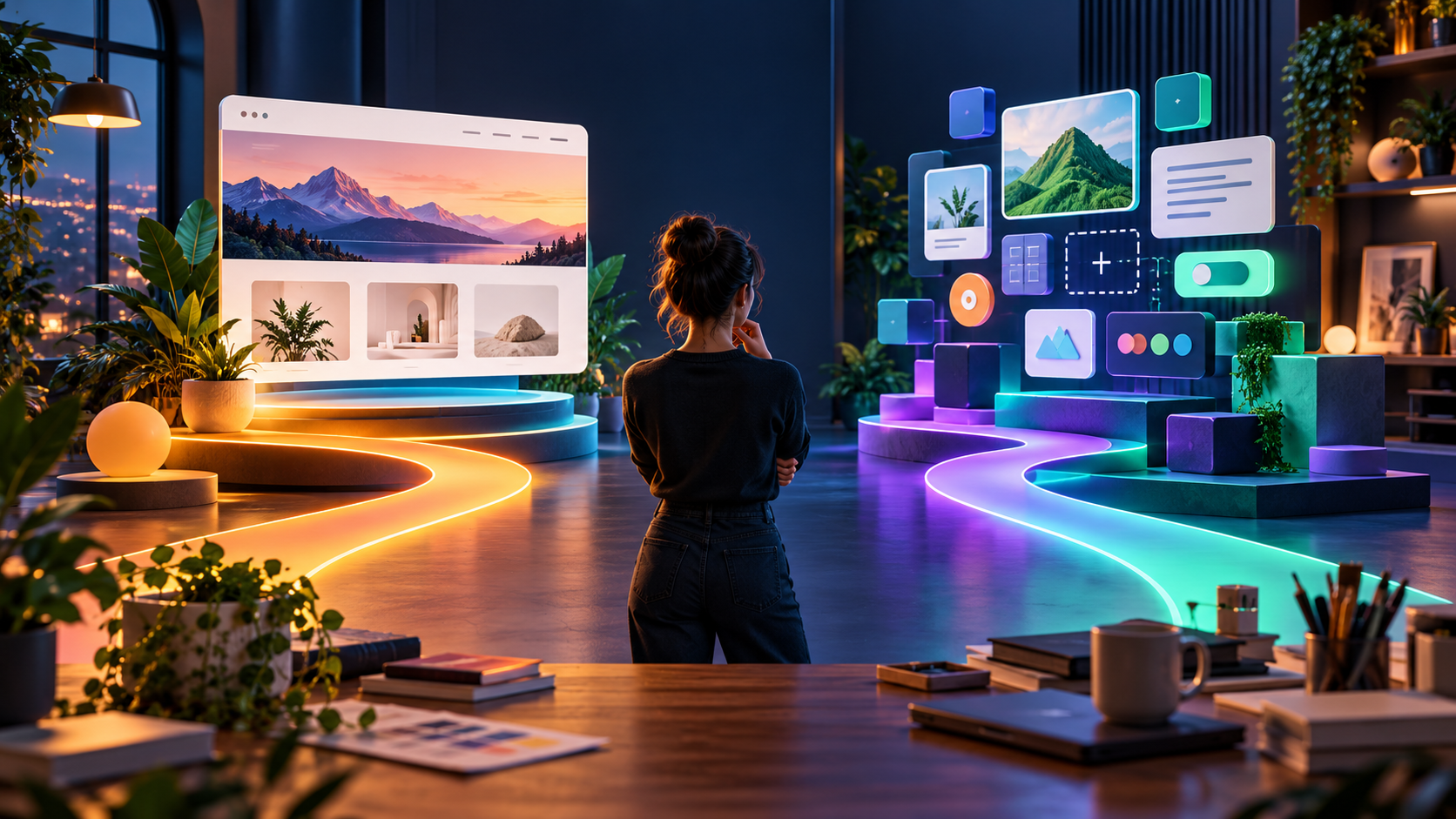 AI-generated illustration of a business owner choosing between a ready-made website and modular components