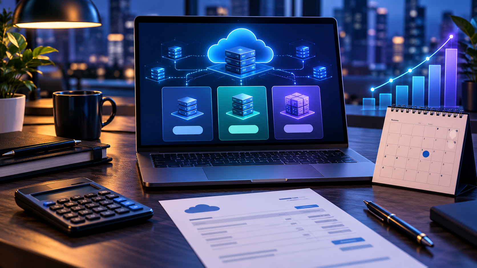 Illustration of cloud hosting plans, a renewal calendar, an invoice and calculator