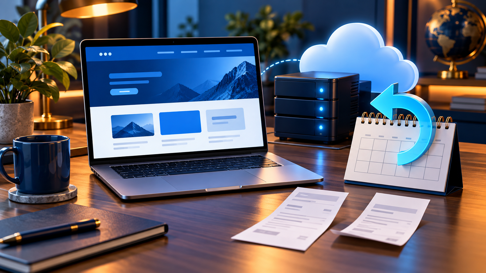 Hosting refund planning illustration with laptop, separate receipts, calendar and backup cloud