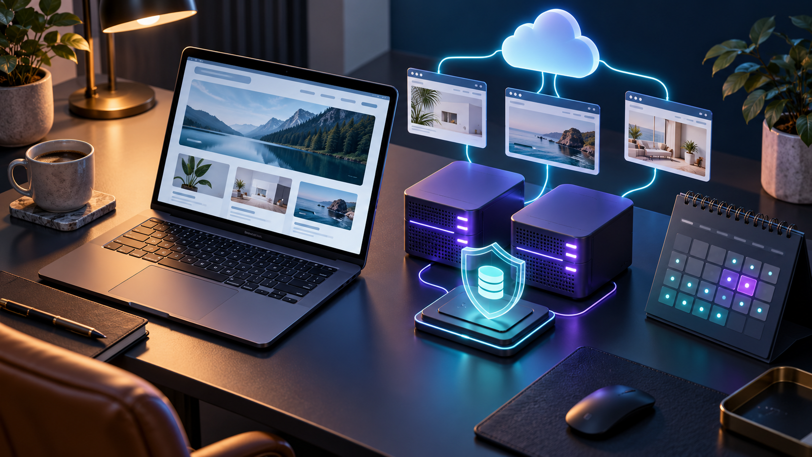 Illustration of multiple websites connected to hosting servers with a backup shield and calendar