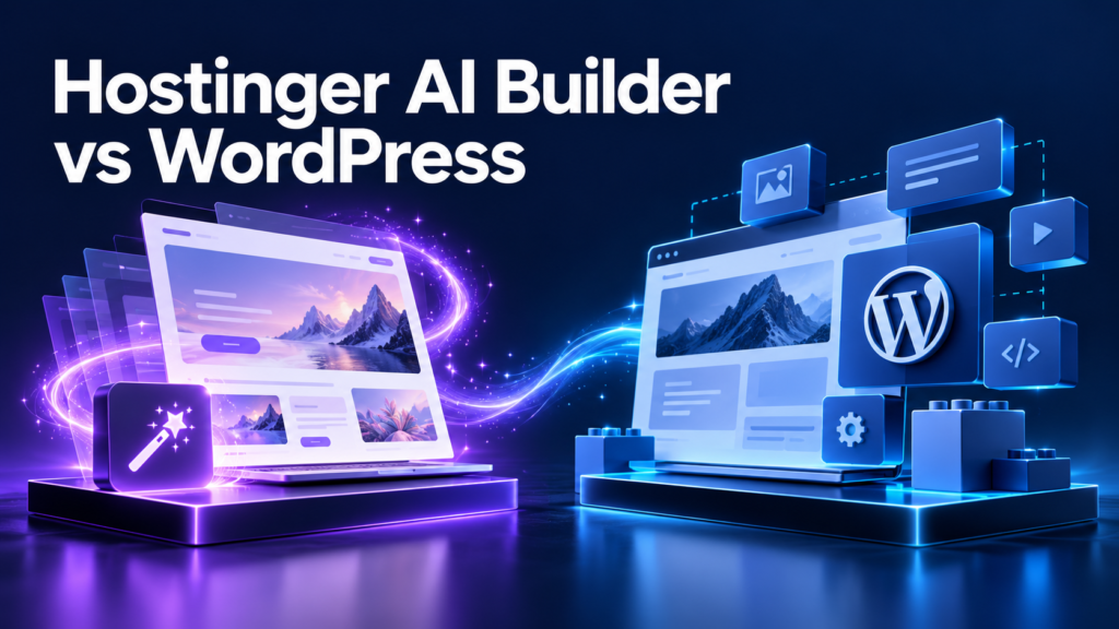 AI-generated editorial cover comparing Hostinger AI Builder and WordPress