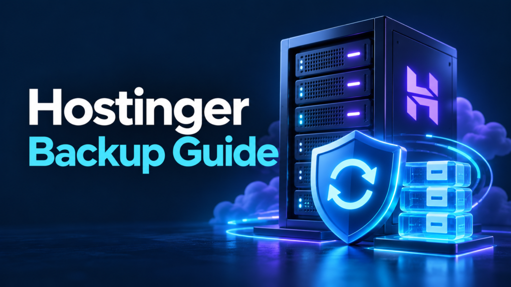 Hostinger Backup Guide with glowing server, backup shield and archive blocks