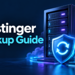 Hostinger Backup Guide with glowing server, backup shield and archive blocks