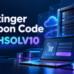 Hostinger coupon code TECHSOLV10 beside a glowing hosting server and laptop
