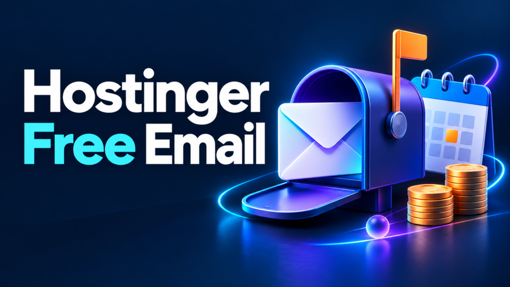 Hostinger free email concept with a professional mailbox, calendar and renewal cost symbols