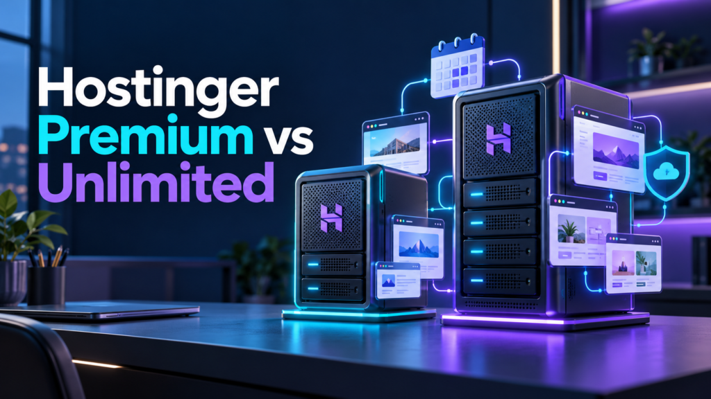 Hostinger Premium versus Unlimited hosting comparison with two illuminated server towers