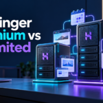Hostinger Premium versus Unlimited hosting comparison with two illuminated server towers