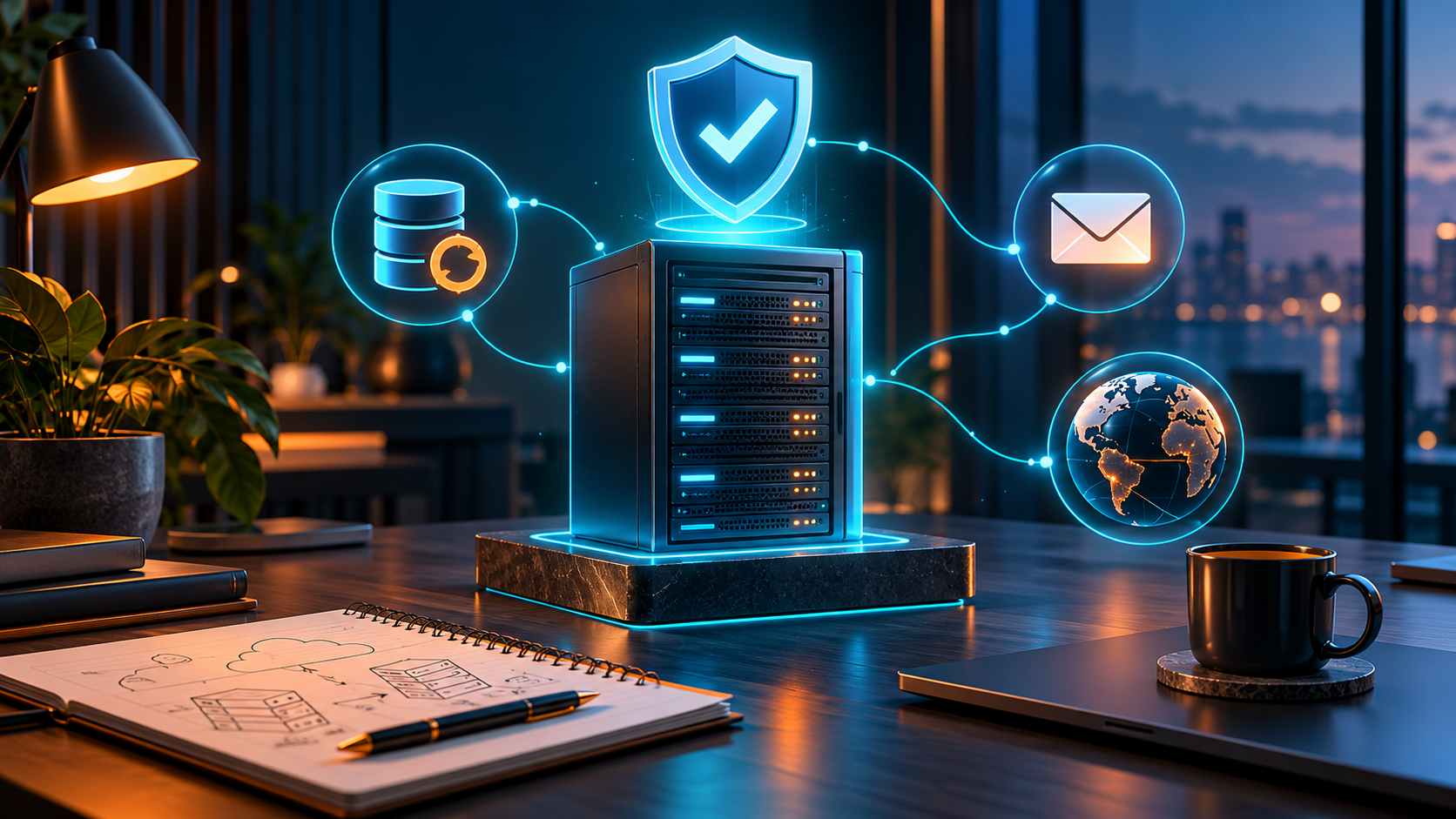 Conceptual illustration of a server connected to backup, security, email and domain tools