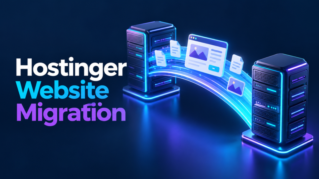 Hostinger Website Migration title beside servers connected by a glowing bridge
