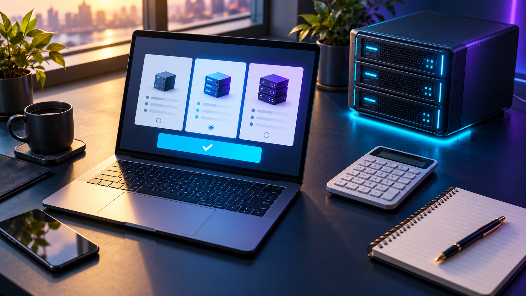 Laptop with abstract hosting plan cards beside a calculator and server