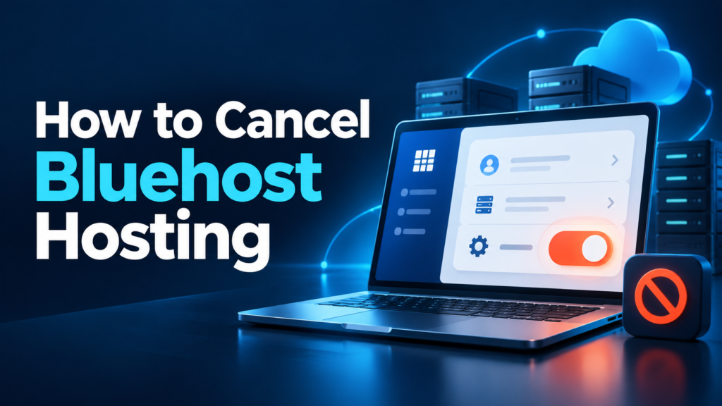 How to Cancel Bluehost Hosting with laptop and subscription control illustration